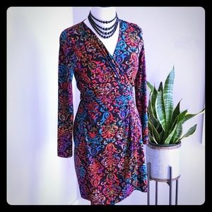 Colorful Long Sleeve Damask Floral Faux Wrap Dress